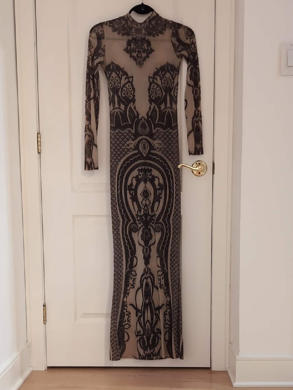 Long Sleeve Black Patterned Sheer Maxi Dress